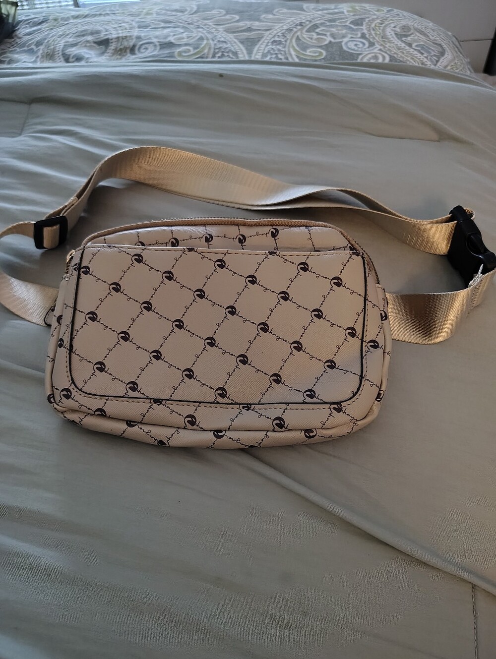Source Unknown Cream Patterned Crossbody Belt Bag with Black Logo Print